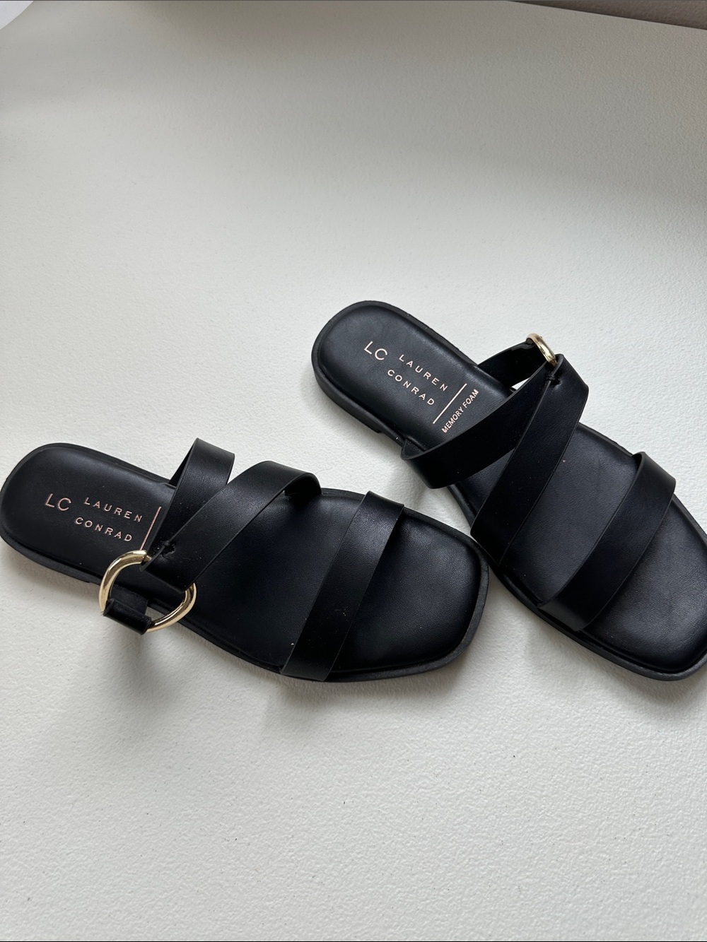 LC Lauren Conrad Black Slide Sandals with Gold Buckle